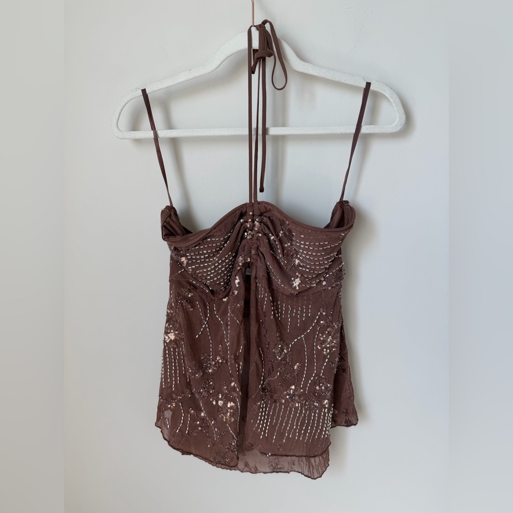 Viral brown Beaded sheer Halter Top